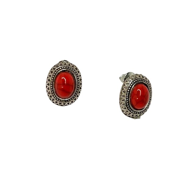 Vintage Inspired Red Coral & Silver Oval Stud Earrings Elegant Timeless Jewelry - Picture 2 of 5